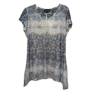 Frazzle Blue Sheer Lined Short Sleeve High Low Blouse Size XL
